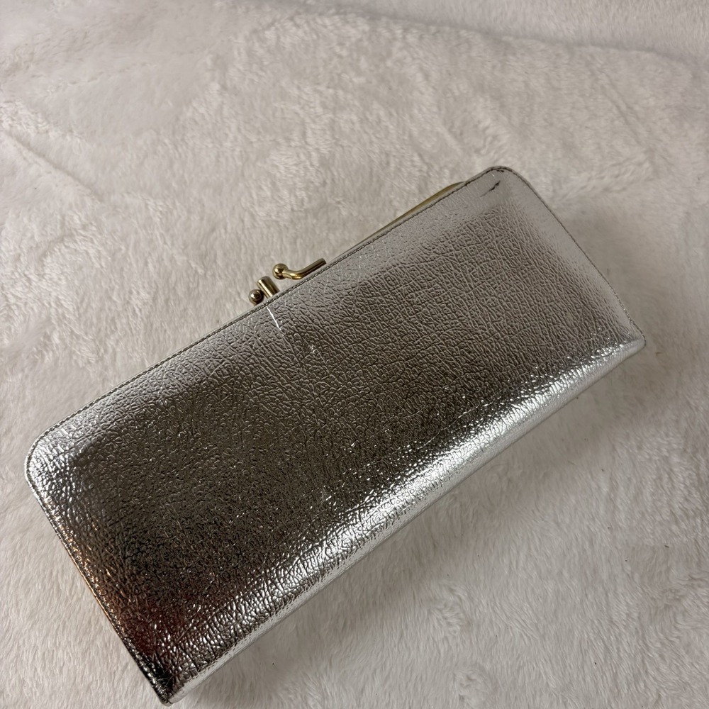 Vtg 60s Baronet Silver Foil Textured Clutch Long Wallet Evening Bag Kiss Lock